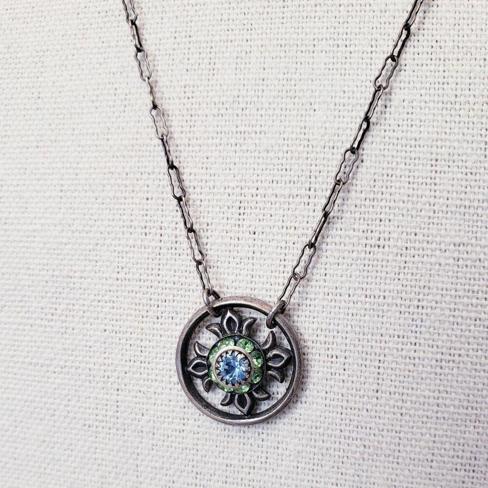 Vintage Liz Palacios SF Green & Blue Crystal Flower Silver Tone Pendant Necklace